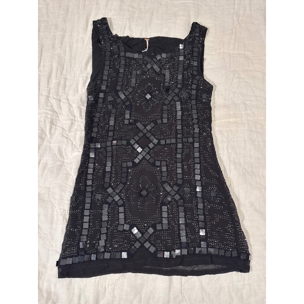 NWT Free People Speak Easy Mini Dress Art Deco Sequin Beaded Tunic Black Sz 6